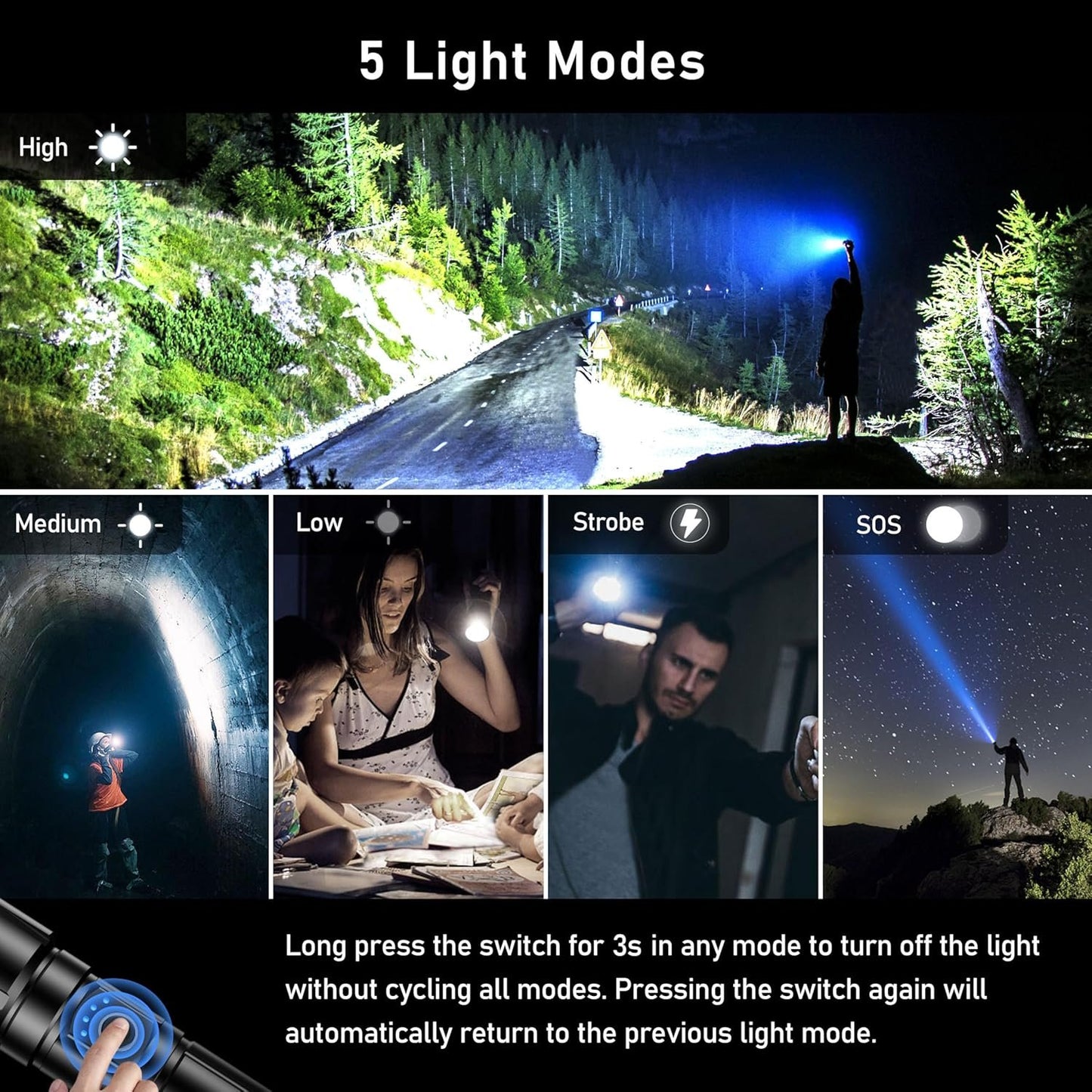 Blukar Flashlight Rechargeable, High Lumens 500000L Super Bright LED Flashlights - Zoomable, 5 Light Modes, IP67 Waterproof, Powerful Long Lasting Handheld Flash Light for Emergencies, Camping, Hiking