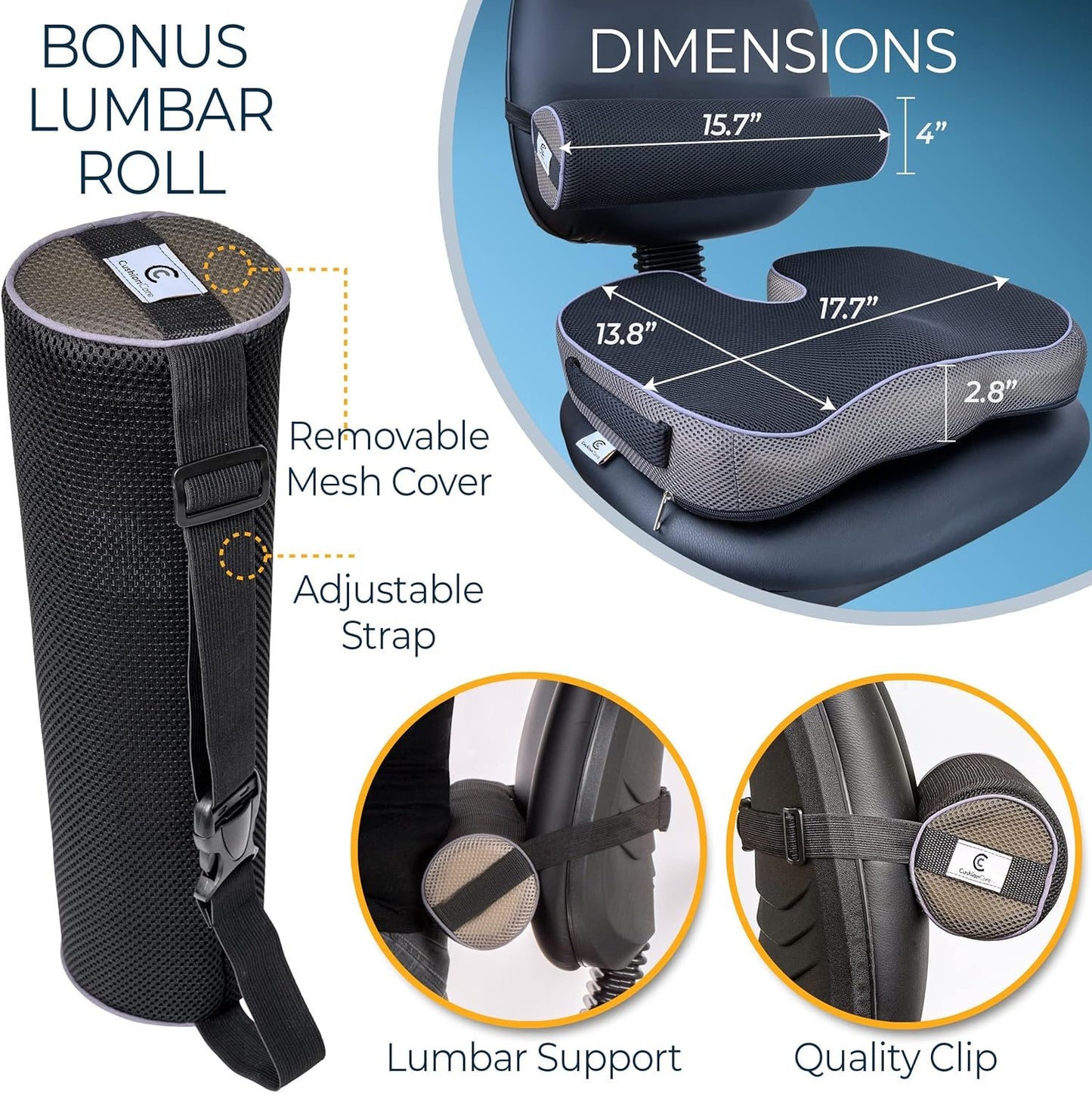 2pc Ergonomic Seat Cushion Lumbar Roll Combo for Office Chair - Pain and Pressure Relief for Lower Back, Sciatica, Coccyx, Butt, Tailbone - Memory Foam Posture Support Pillow for Desk, Car, Wheelchair