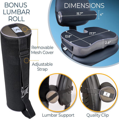 2pc Ergonomic Seat Cushion Lumbar Roll Combo for Office Chair - Pain and Pressure Relief for Lower Back, Sciatica, Coccyx, Butt, Tailbone - Memory Foam Posture Support Pillow for Desk, Car, Wheelchair