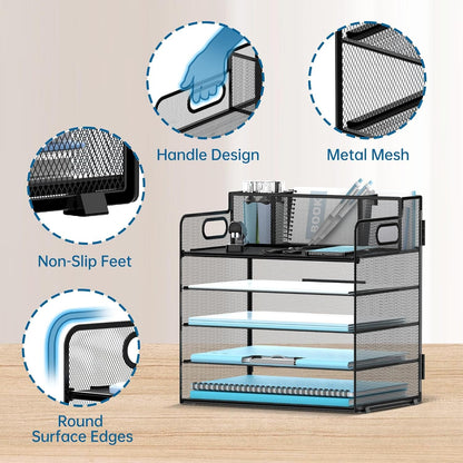 JMHUD 5-Tier Paper Letter Tray Organizer with Pen Holder, Mesh Desk Accessories & Workspace Organizers with Handle, File Sorter Office Supplies for Desk,Black