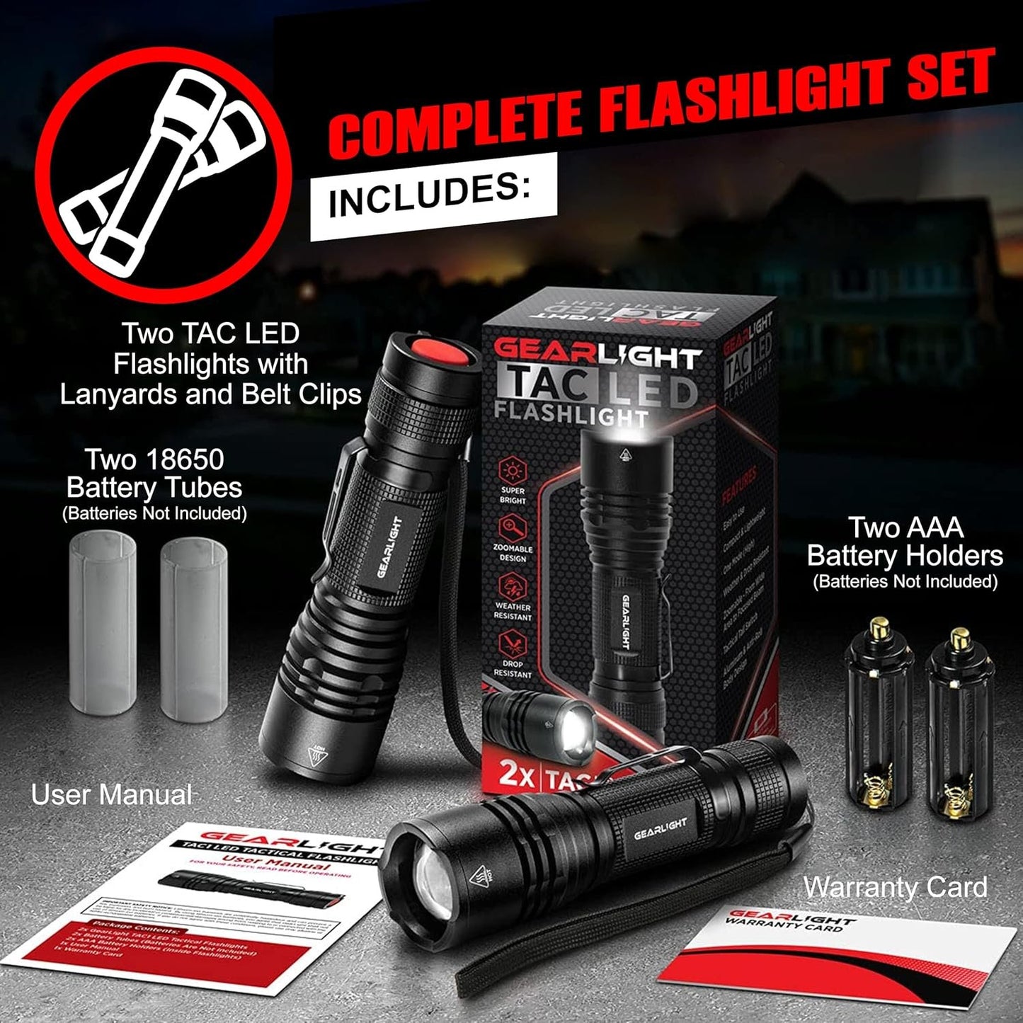 GearLight LED Tactical Flashlights - Pack of 2 - Bright, Zoomable, Handheld Flashlight Set with High Lumens for Camping, Outdoor & Emergency Use