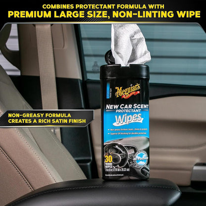 Meguiar's New Car Scent Protectant Wipes - Easy to Use Car Wipes that Protect and Freshen Your Car's Interior - Ideal for Car Detailing & Maintenance - 30 Ct
