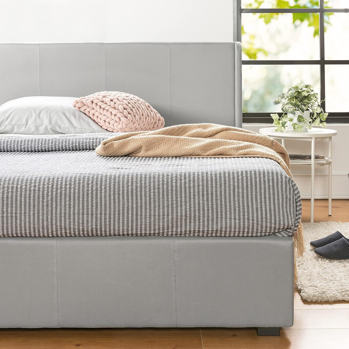 Double Bed Frame, Zinus Fabric Upholstered Bed Base with Gas Lift Storage, Light Grey, Bedroom Furniture
