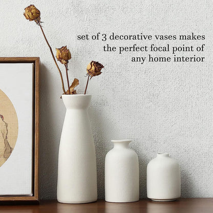 Set of 3 Modern Nordic Ceramic vases in Matte White Finish,Minimalist Decorative Vases for Living Room Bookshelf Table Centerpiece Entrance Decor