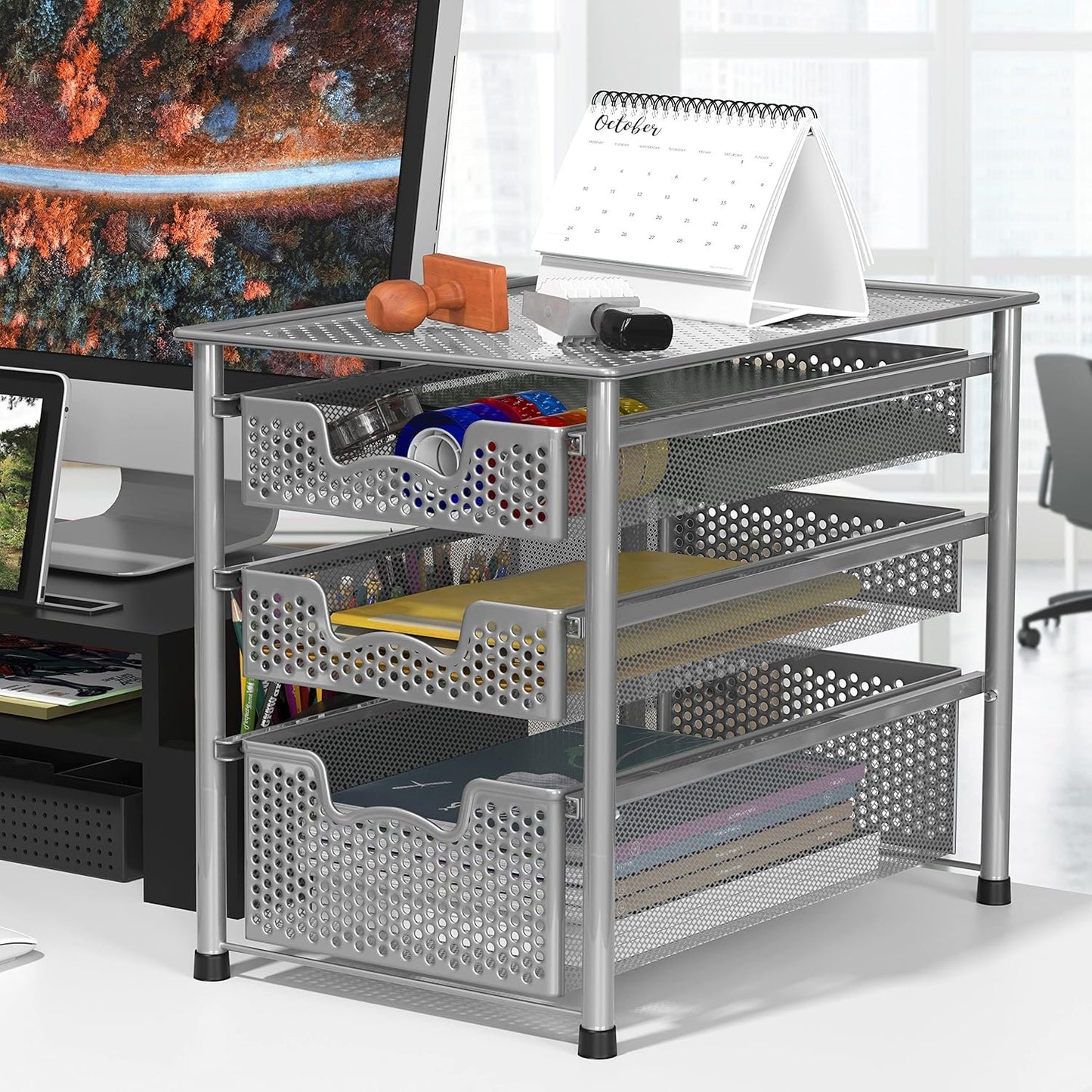 SimpleHouseware Stackable 3 Tier Sliding Basket Organizer Drawer, Silver