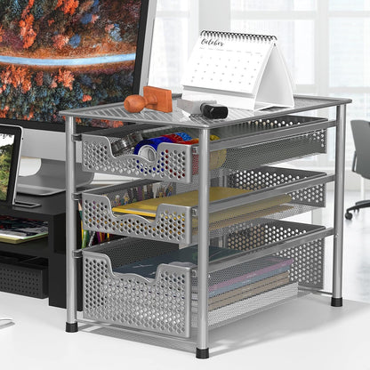 SimpleHouseware Stackable 3 Tier Sliding Basket Organizer Drawer, Silver