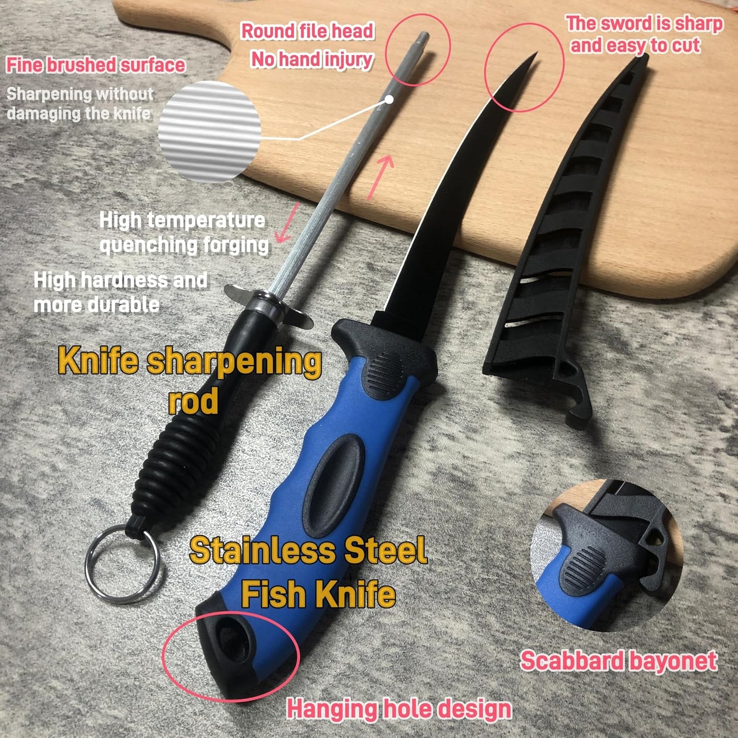 7PCS Fishing Knife Set, Fish Cleaning Kit, Filet Knife for Fish, Fish Scale Cleaning Brush, Multi-Functional Scissors, Gloves, Fishbone Tweezers, Storage Bag,Fishing Accessories,Fishing Tool Kit, Blue
