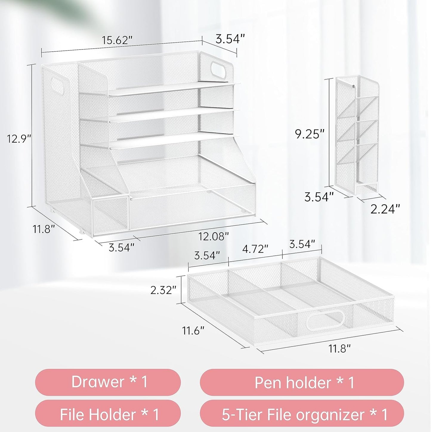 SUPEASY Desk Organizer with File Holder, 5-Tier Mesh Paper Letter Tray and 3 Tilted File Sorter for Office Supplies, White