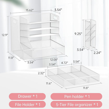 SUPEASY Desk Organizer with File Holder, 5-Tier Mesh Paper Letter Tray and 3 Tilted File Sorter for Office Supplies, White