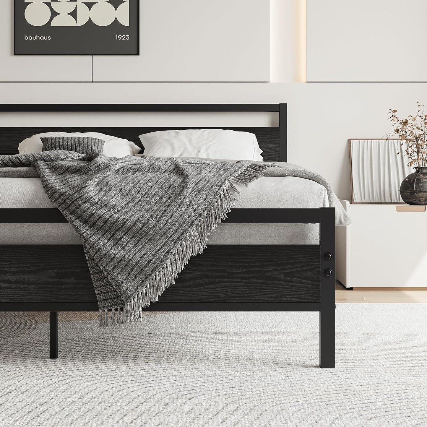 VERFARM Queen Size Bed Frames with Black Wood Headboard and Footboard,Heavy Duty Metal Platform Bed Frame Queen Size,No Box Spring Needed,Mattress Foundation/Sturdy and Stable/Noise Free,Black