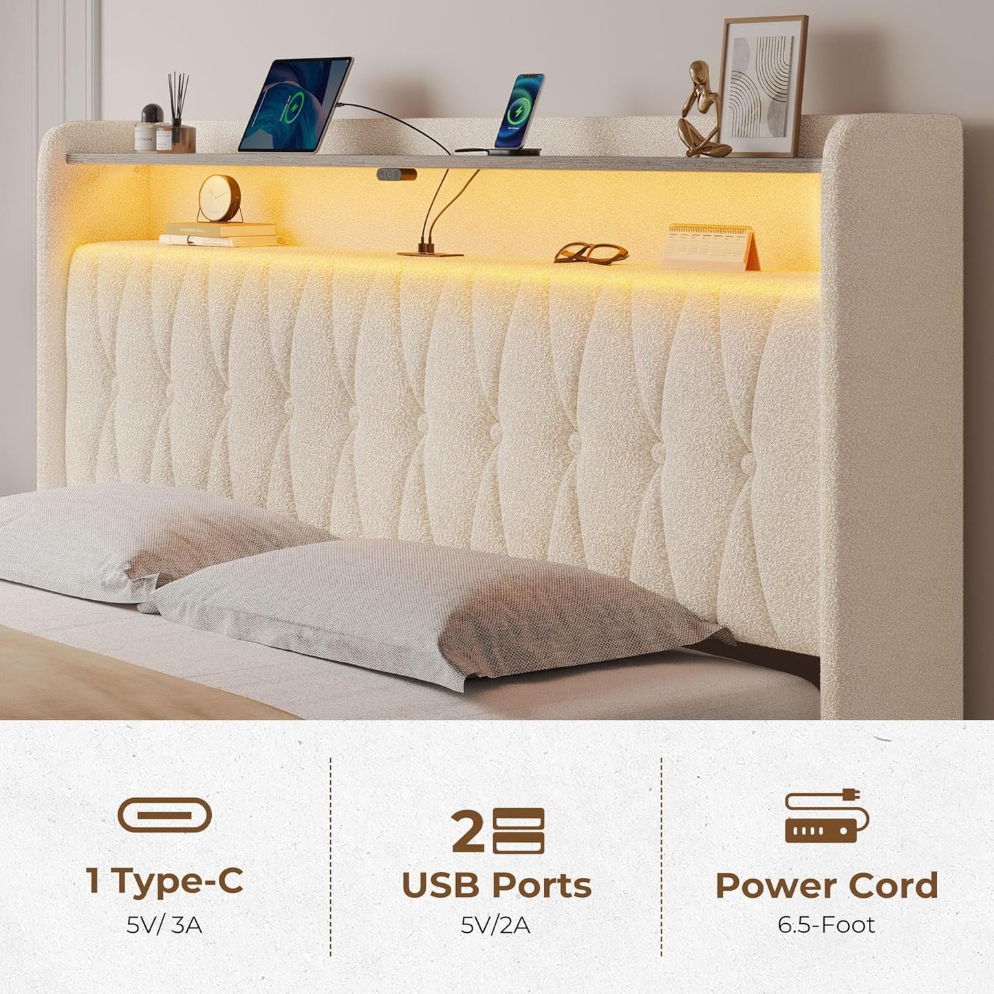 Rolanstar Queen Bed Frame with Drawers, Storage Headboard with Charging Station and LED Lights, Upholstered Bed with Heavy Duty Wood Slats, No Box Spring Needed, Noise Free, Easy Assembly, Beige