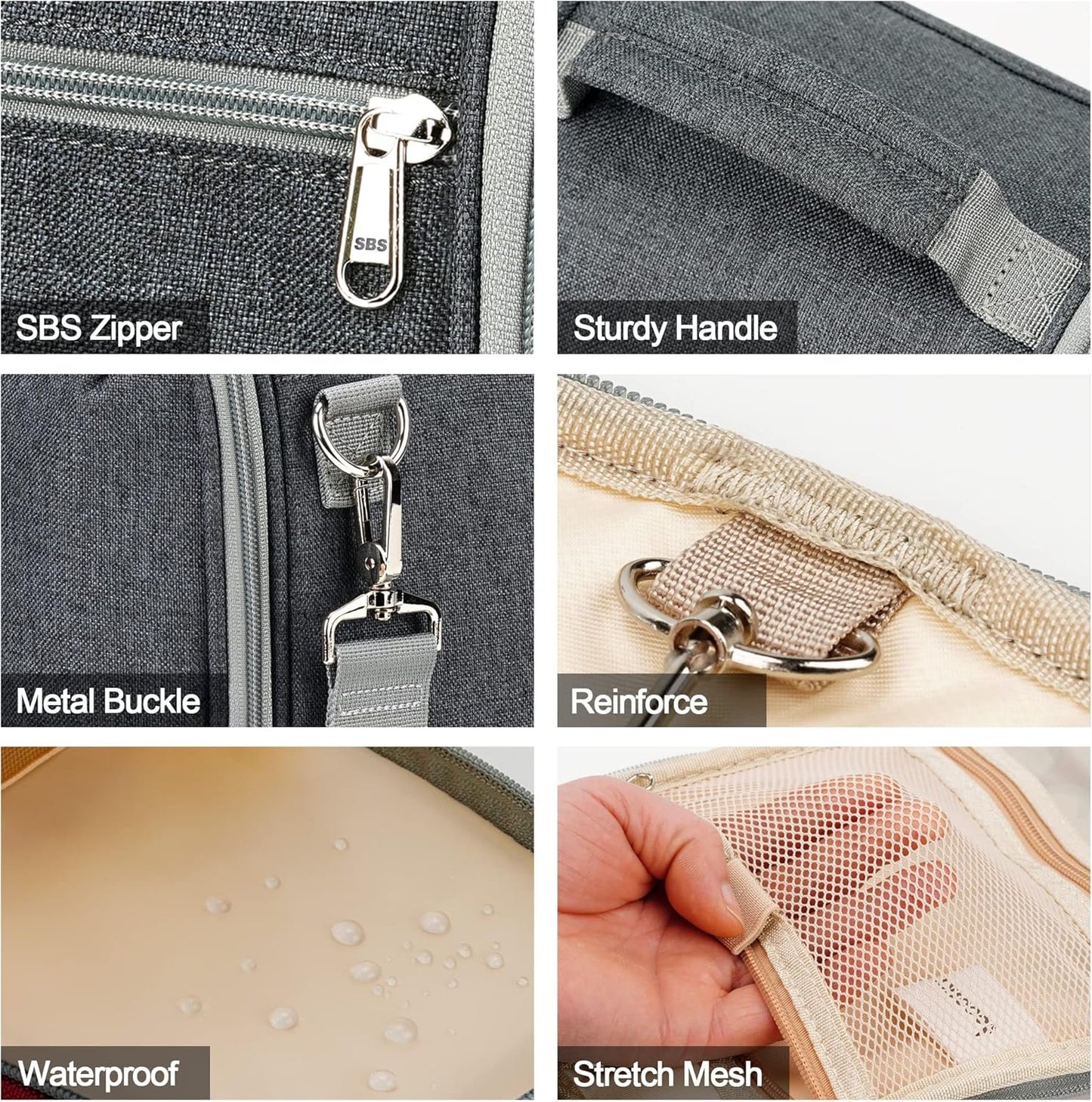 Extra Large Hanging Travel Toiletry Bag for Women and Men, Hygiene Bag, Bathroom and Shower Organizer Kit with Elastic Band Holders for Toiletries, Cosmetics, Makeup, Brushes, Grey