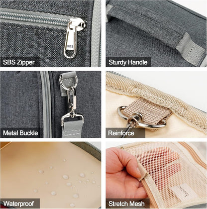 Extra Large Hanging Travel Toiletry Bag for Women and Men, Hygiene Bag, Bathroom and Shower Organizer Kit with Elastic Band Holders for Toiletries, Cosmetics, Makeup, Brushes, Grey