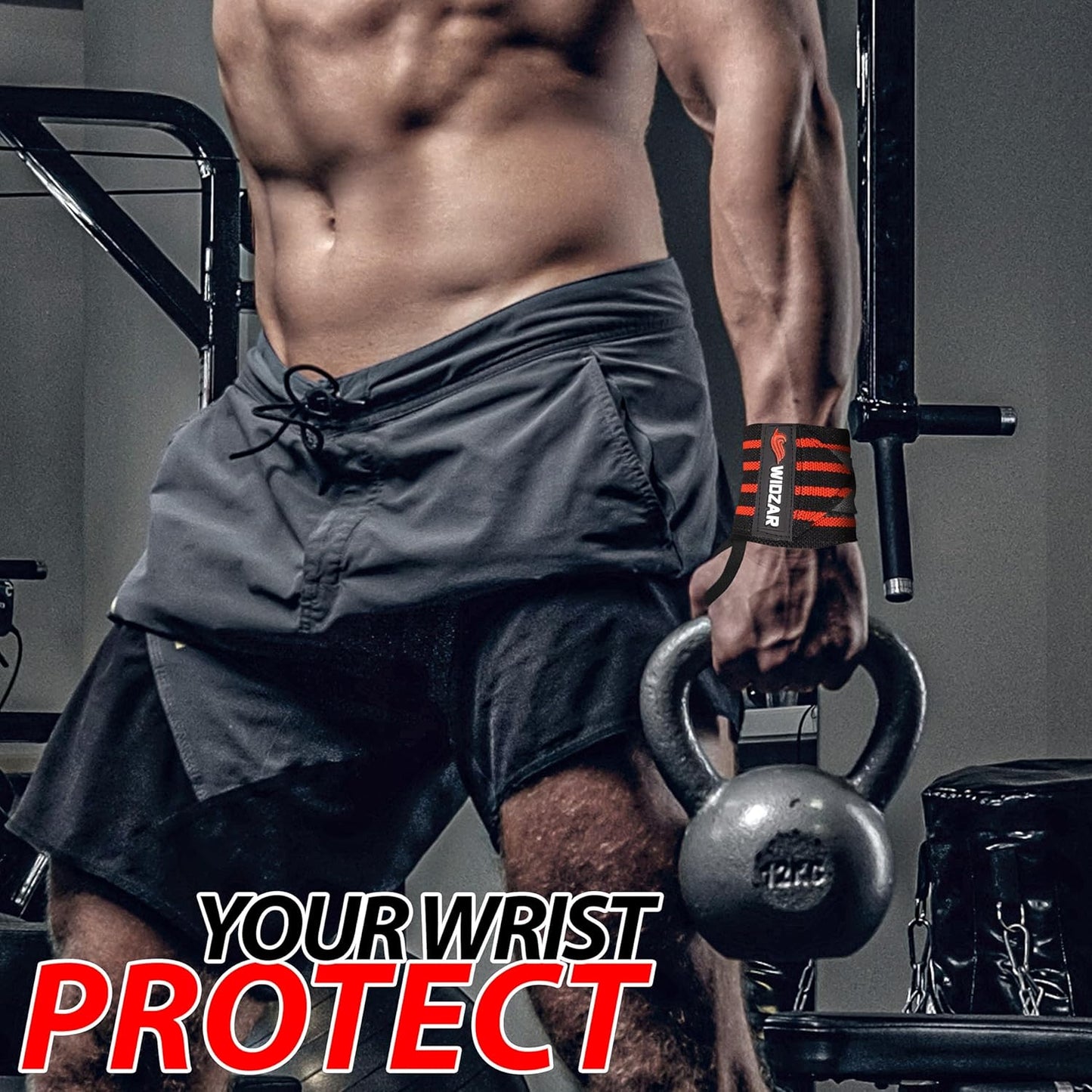 Widzar Wrist Wraps - Support Brace for Weightlifting, Powerlifting, Workout, Bodybuilding & Gym Training - Adjustable Straps with Attached Thumb Loops, Ergonomic Design for Men and Women (Red Stripes)