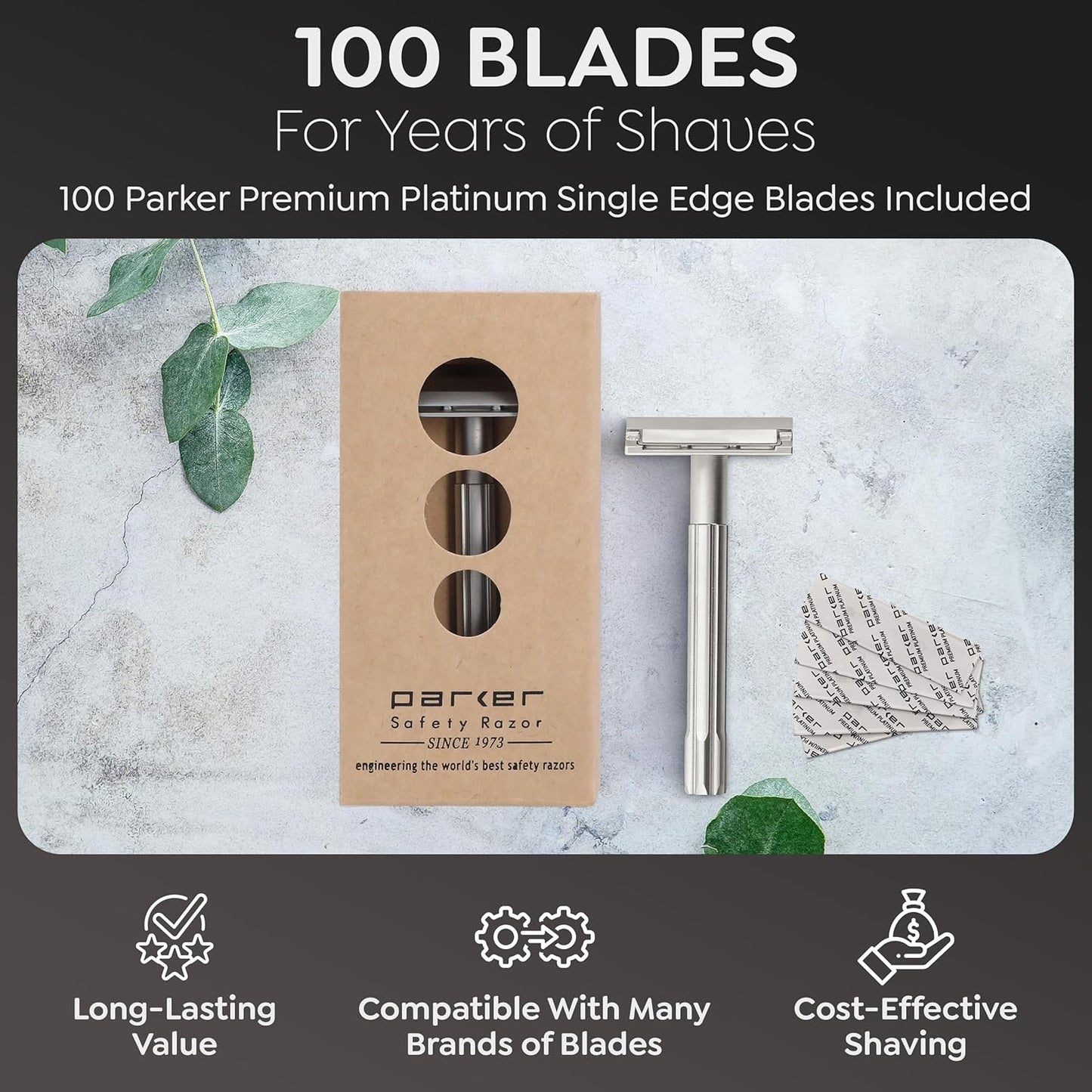 Parker SoloEdge Single Edge Safety Razor with 100 Parker Platinum Single Edge Razor Blades Included