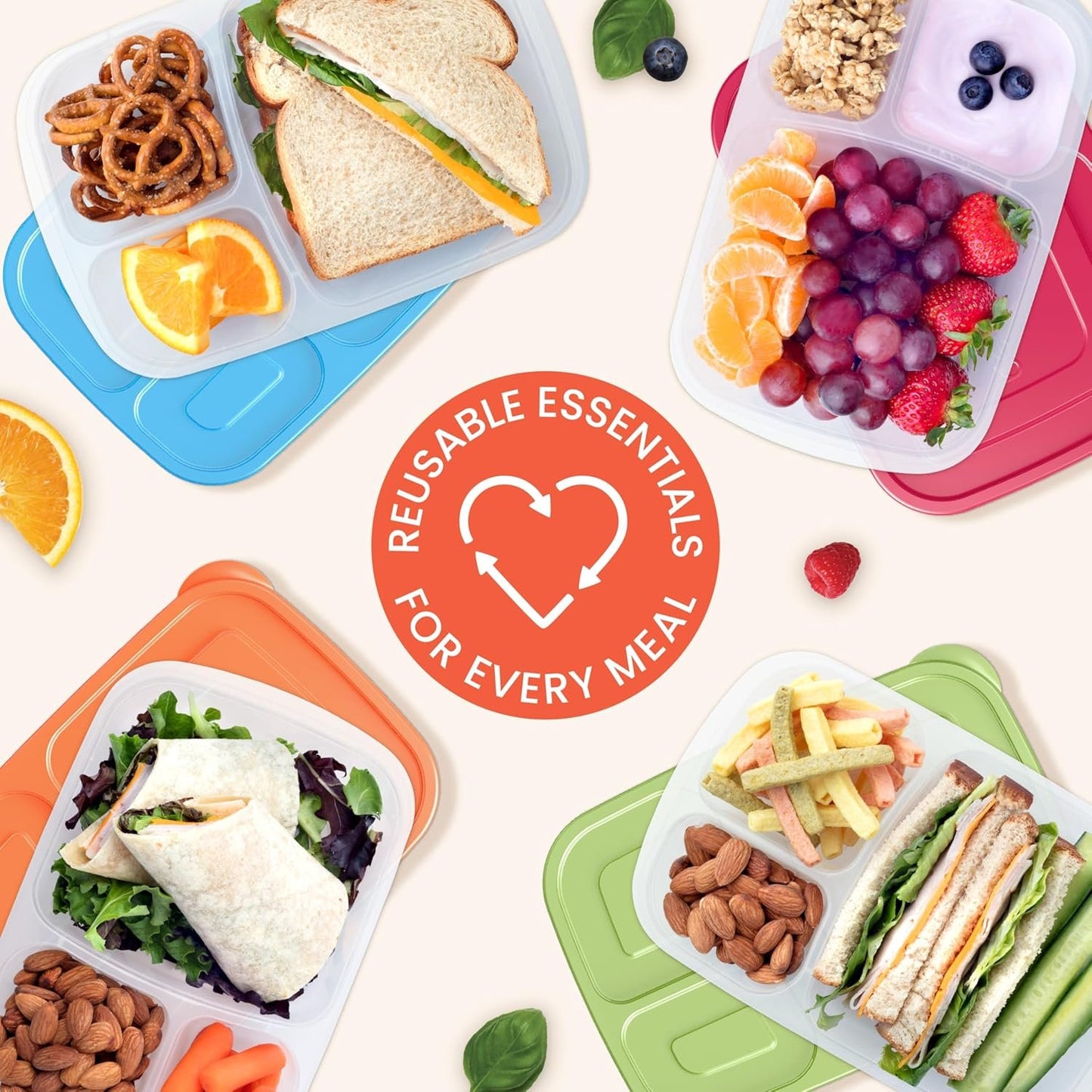 EasyLunchboxesÂ® - Original Stackable Lunch Boxes - Reusable 3-Compartment Food Containers for Kids and Adults - Bento Lunch Box for Meal Prep, School, & Work - BPA Free, Set of 10 (Classic)