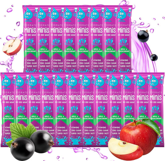 Vidrate Electrolyte Powder for Kids - Apple & Blackcurrant Flavoured Vitamin Water with Natural Ingredients & Zero Sugar - Hydration Drink for School & Sports - 20 Pack Minis Electrolyte Sachets