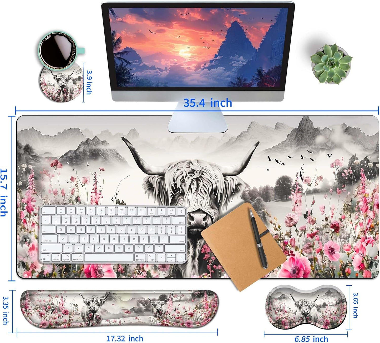 HaoSiTeck 4-Piece Extended Large Mouse Pad Set for Women Men with Highland Cow Design Includes 35.4 x 15.7 XXL Large Mouse Pad Keyboard Wrist Rest Mouse Wrist Support and Coaster for Office Home
