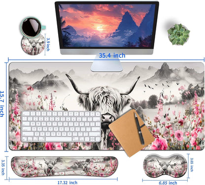 HaoSiTeck 4-Piece Extended Large Mouse Pad Set for Women Men with Highland Cow Design Includes 35.4 x 15.7 XXL Large Mouse Pad Keyboard Wrist Rest Mouse Wrist Support and Coaster for Office Home