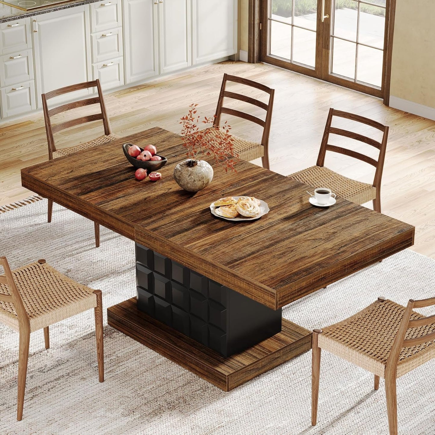 Tribesigns 63'' Dining Table for 4-6, Farmhouse Wooden Rectangular Dinner Table with Geometric Relief, Pedestal Base (Brown and Black)