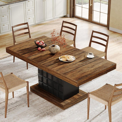 Tribesigns 63'' Dining Table for 4-6, Farmhouse Wooden Rectangular Dinner Table with Geometric Relief, Pedestal Base (Brown and Black)
