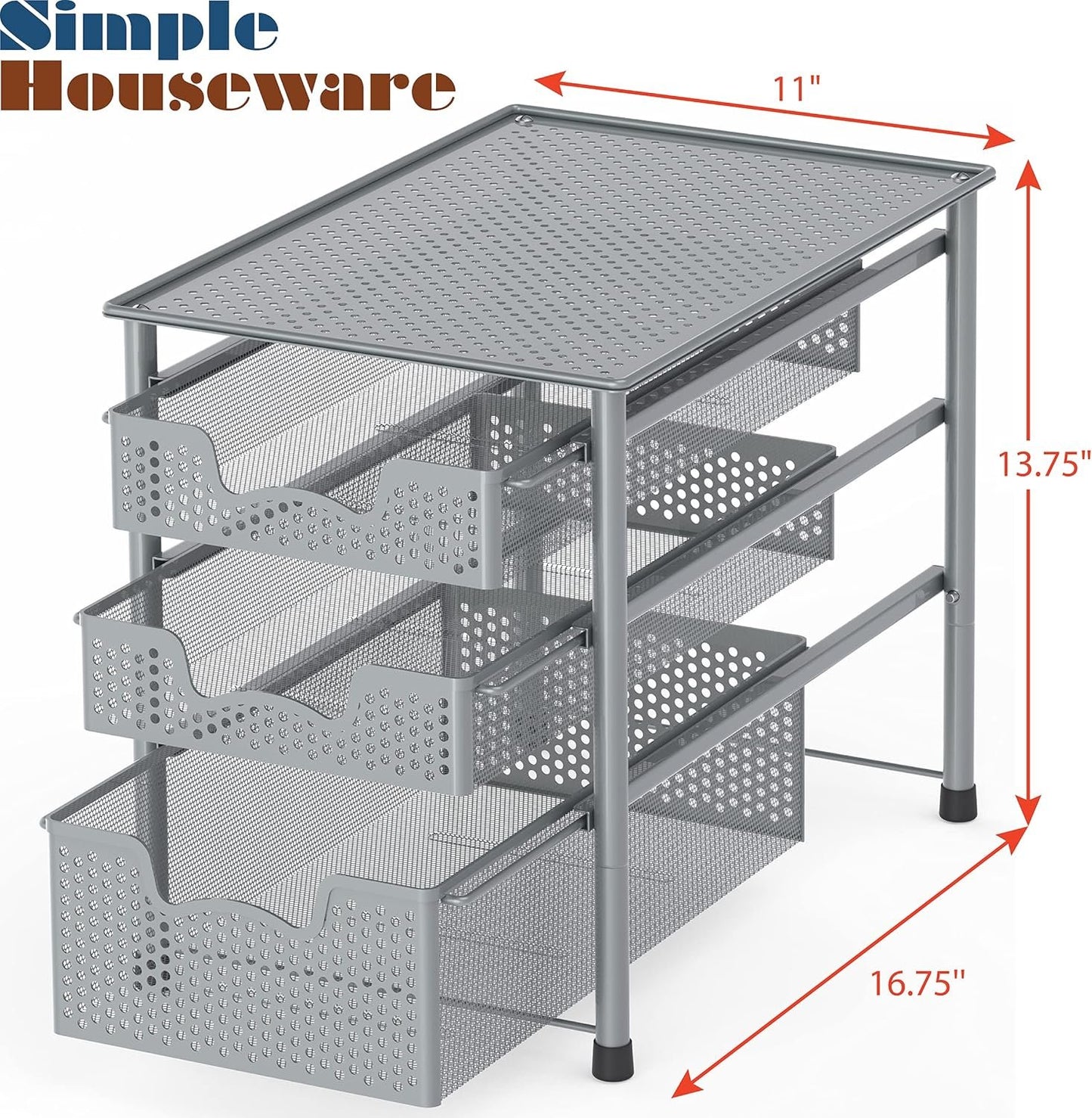 SimpleHouseware Stackable 3 Tier Sliding Basket Organizer Drawer, Silver