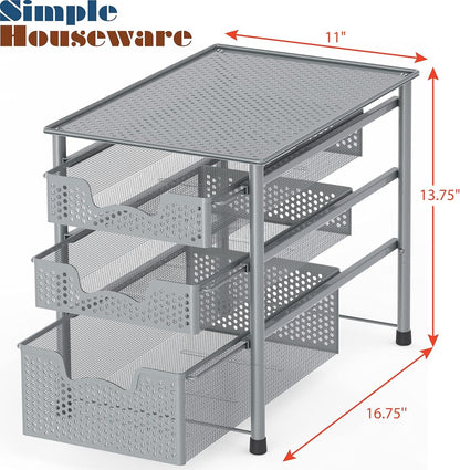 SimpleHouseware Stackable 3 Tier Sliding Basket Organizer Drawer, Silver