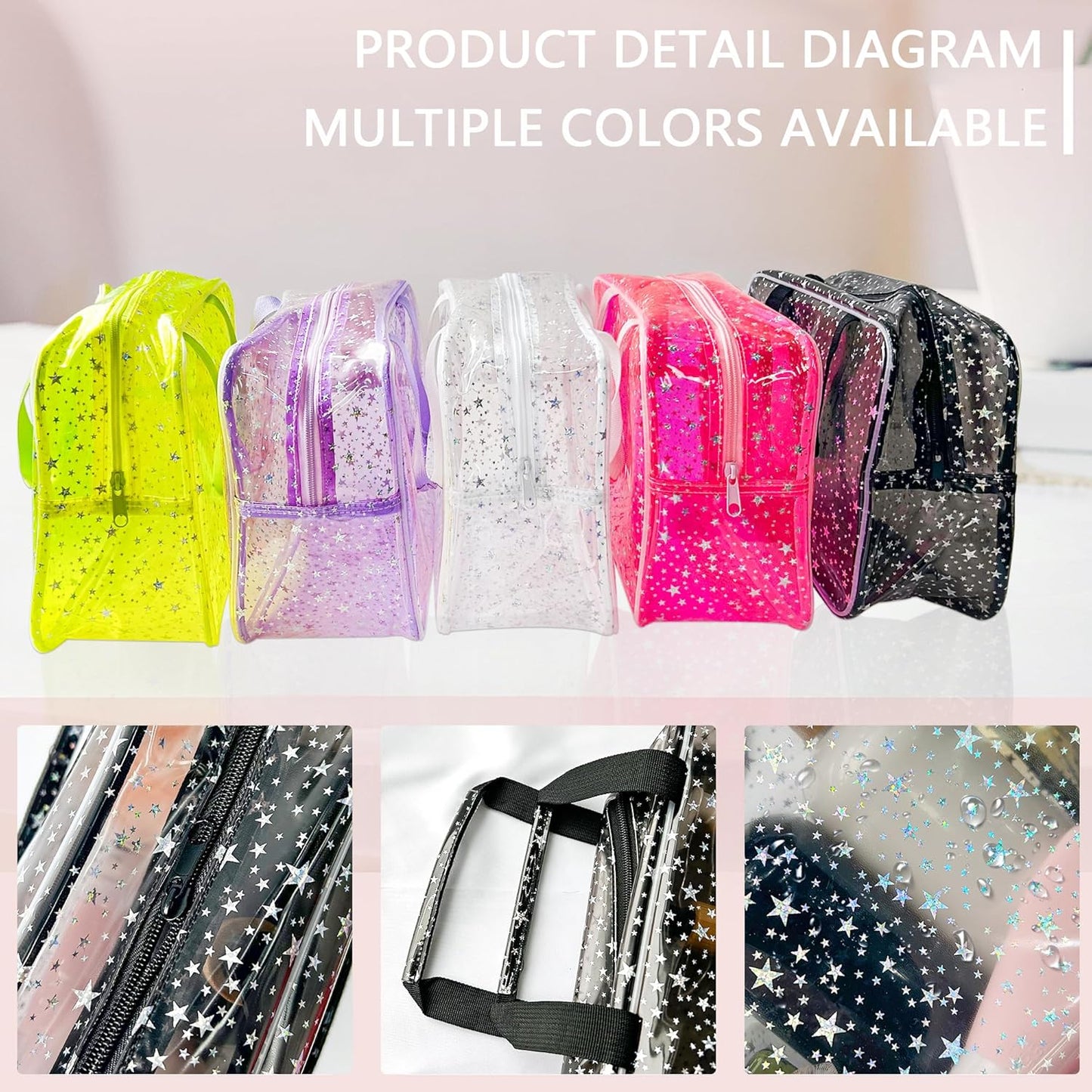 TotePrint Clear Star Large Toiletry Bag and Travel Case with Handle Durable Material Zipper Design Ideal for Makeup Travel Essentials, pink, Bag with printed star handle