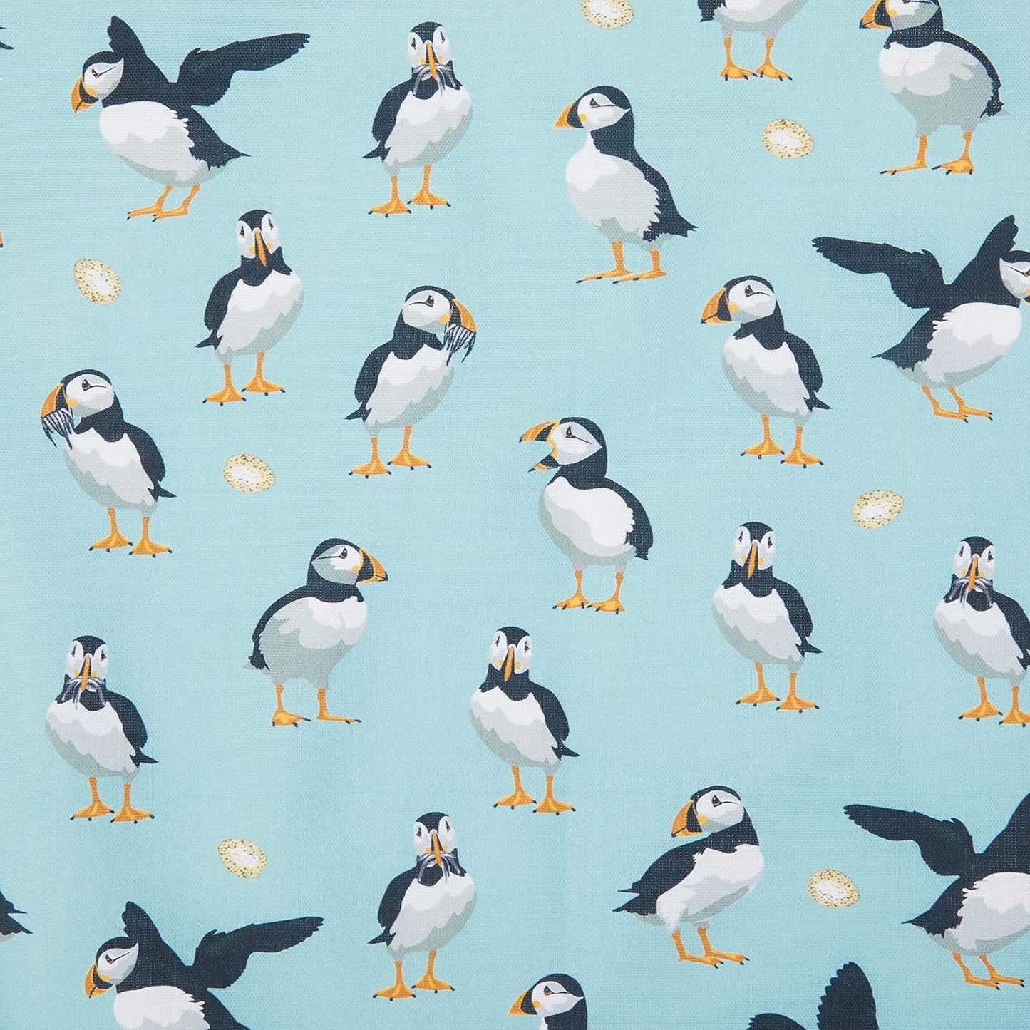 Samuel Lamont Puffins Cotton Tea Towel Adorable Playful Digitally Ilustrated Design Bold Modern Gorgeously Vibrant Sky Blue Backdrop Variety Cute Puffin Motifs 18.89" x 22.44"