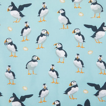 Samuel Lamont Puffins Cotton Tea Towel Adorable Playful Digitally Ilustrated Design Bold Modern Gorgeously Vibrant Sky Blue Backdrop Variety Cute Puffin Motifs 18.89" x 22.44"