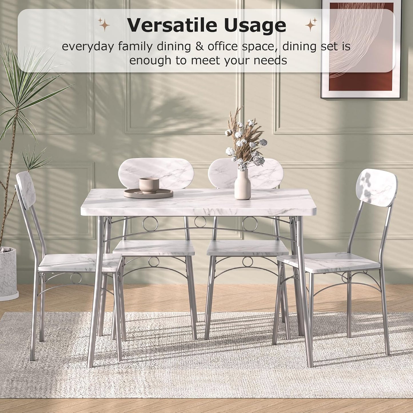 VECELO Dining Table Set for 4, 5-Piece Kitchen Table with 4 Chairs, MDF Board Tabletop with Metal Frame for Small Space, Compact Dinette, Breakfast Nook, White