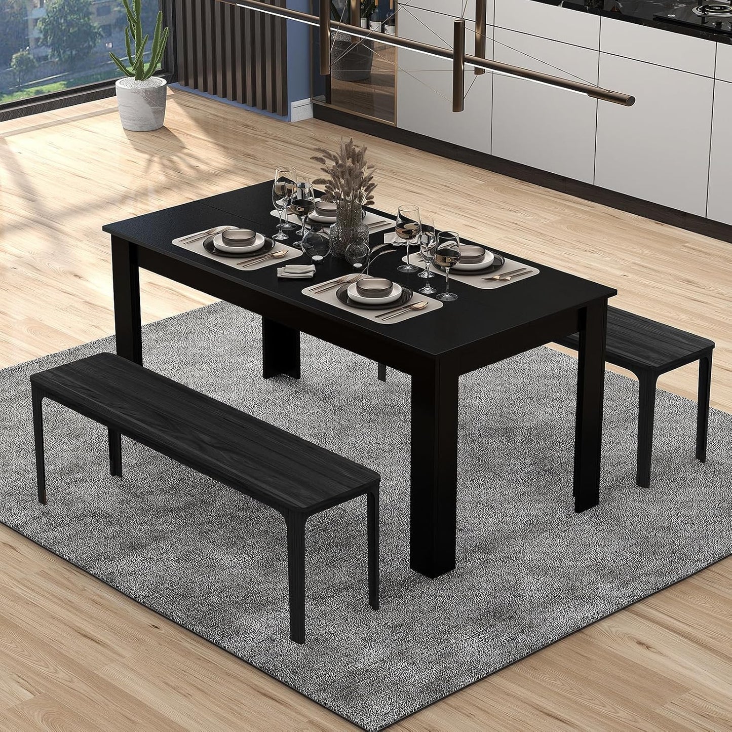Giantex 160 CM Dining Table, Rectangular Dining Table with Sturdy L-Shaped Legs, Modern Kitchen & Dining Room Table, Seats up to 8, Black Finish