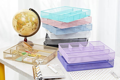 Annova Desk Drawer Organizer Tray for Office Organization - Metal Mesh - Storage Tray with Dividers for Pens, Desktop Accessories, Bathroom, Kitchen, Makeup and Office Supplies (Large) (Light Pink)