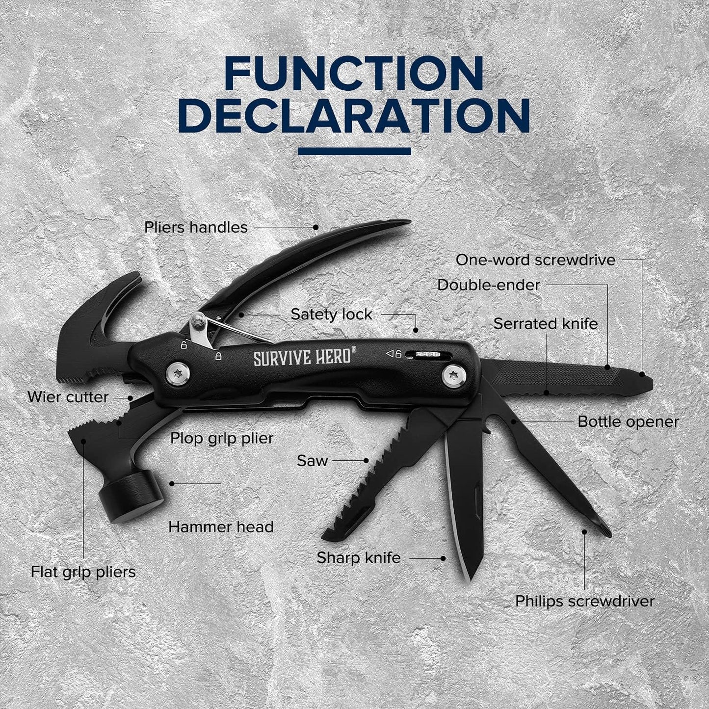 SURVIVE HERO Multitool Camping Accessories – Mini Hammer Multi Tool Pocket Knife, Christmas Birthday Fathers Gifts for Men Dad Him, Survival Gear Hiking Camping Gadgets for Men (Best Gift Idea)