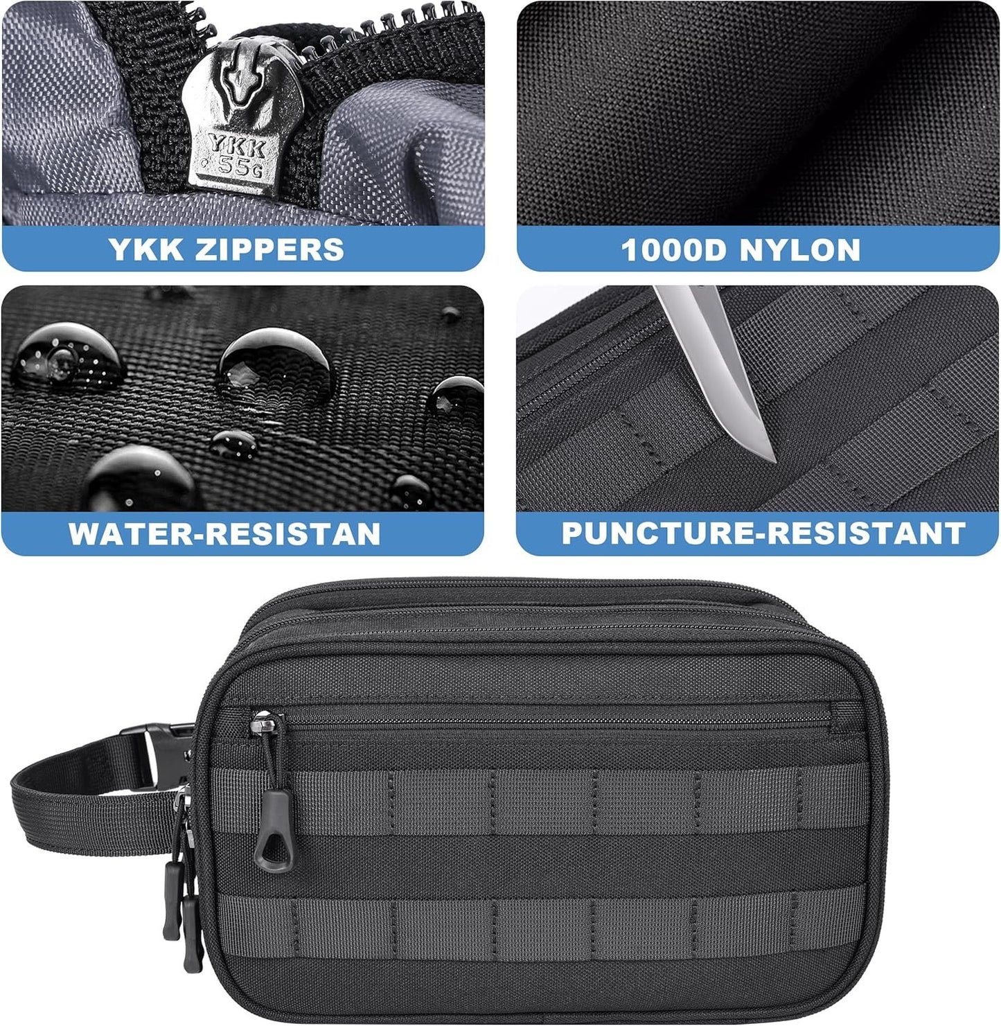 HILOMON Mens Toiletry Travel Bag, YKK Zippers Tactical Toiletry Bag with Compartments, Waterproof Bath Hygiene Cosmetic Pouch for Men