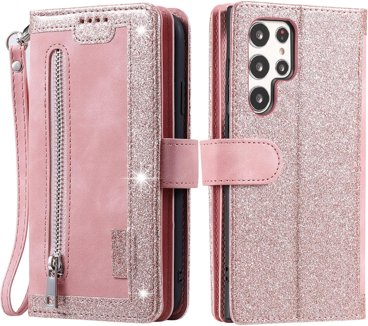 UEEBAI Wallet Case for Samsung Galaxy S22 Ultra 5G, Retro 9 Card Holder Slots Zipper Pocket Handbag Case PU Leather Magnetic Closure Kickstand with Wrist Strap TPU Shockproof Flip Case - Rose Gold