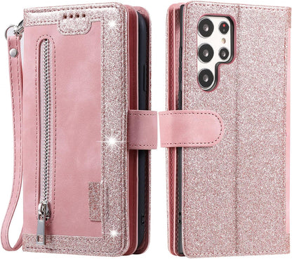 UEEBAI Wallet Case for Samsung Galaxy S22 Ultra 5G, Retro 9 Card Holder Slots Zipper Pocket Handbag Case PU Leather Magnetic Closure Kickstand with Wrist Strap TPU Shockproof Flip Case - Rose Gold