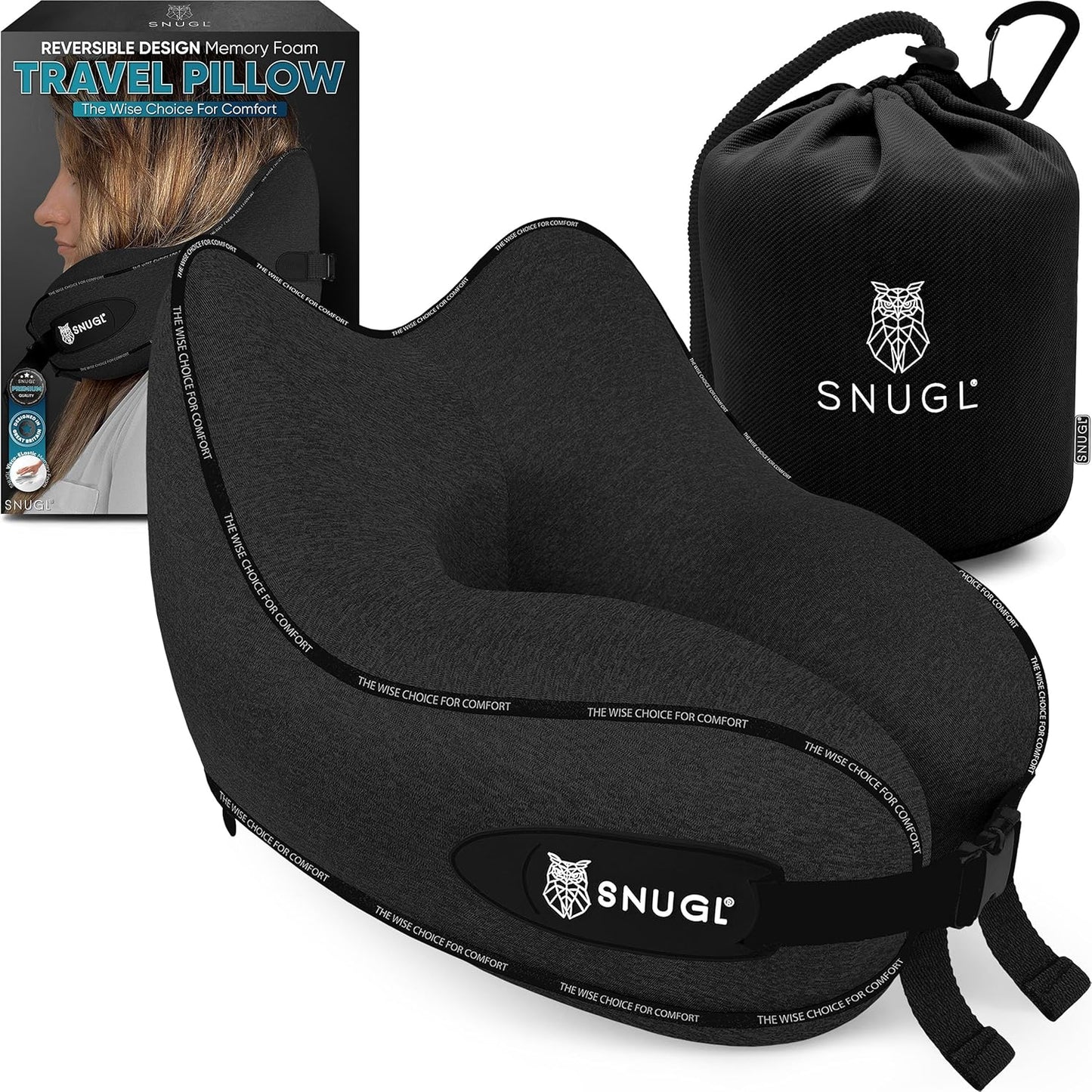 SNUGL Travel Pillow - Memory Foam Neck Cushion - Flight Pillow | Support Neck Pillow for Travel | Travel Neck Pillow for Airplane with Carry Bag & Clip | Flying Travel Essentials (Black - Small)