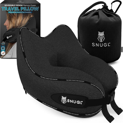 SNUGL Travel Pillow - Memory Foam Neck Cushion - Flight Pillow | Support Neck Pillow for Travel | Travel Neck Pillow for Airplane with Carry Bag & Clip | Flying Travel Essentials (Black - Small)