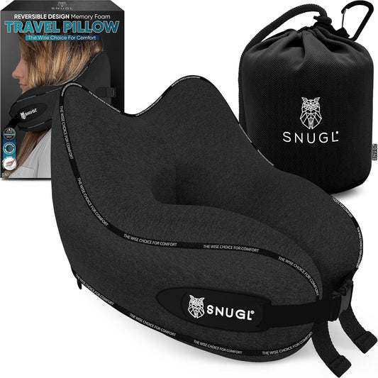 SNUGL Travel Pillow - Memory Foam Neck Cushion - Flight Pillow | Support Neck Pillow for Travel | Travel Neck Pillow for Airplane with Carry Bag & Clip | Flying Travel Essentials (Black - Small)