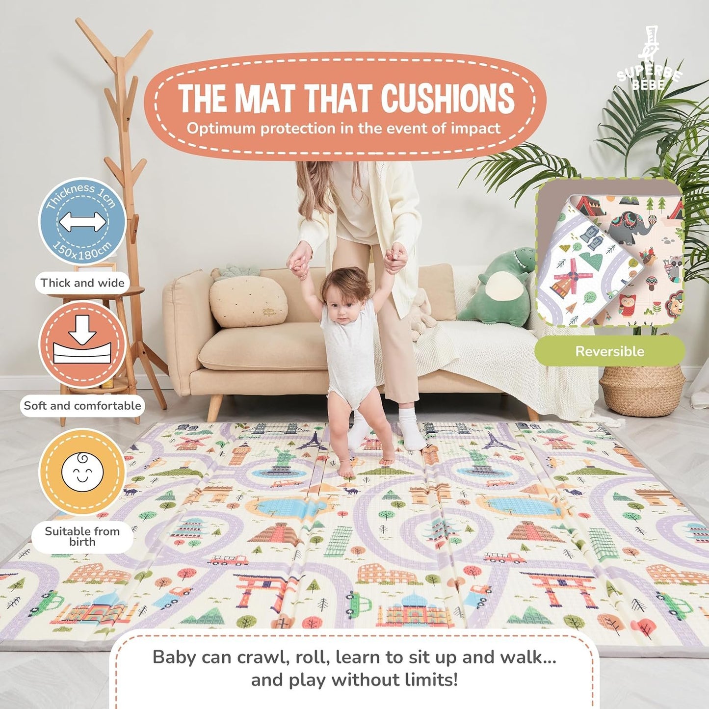 Montessori Folding Children's Play Mat, 150 x 180 x 1 cm, Reversible Non-Toxic and Waterproof Foam for Children, Gym, Baby Tummy Time Mat, Baby Gift