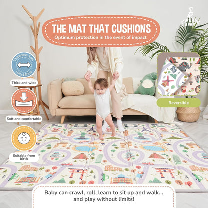 Montessori Folding Children's Play Mat, 150 x 180 x 1 cm, Reversible Non-Toxic and Waterproof Foam for Children, Gym, Baby Tummy Time Mat, Baby Gift