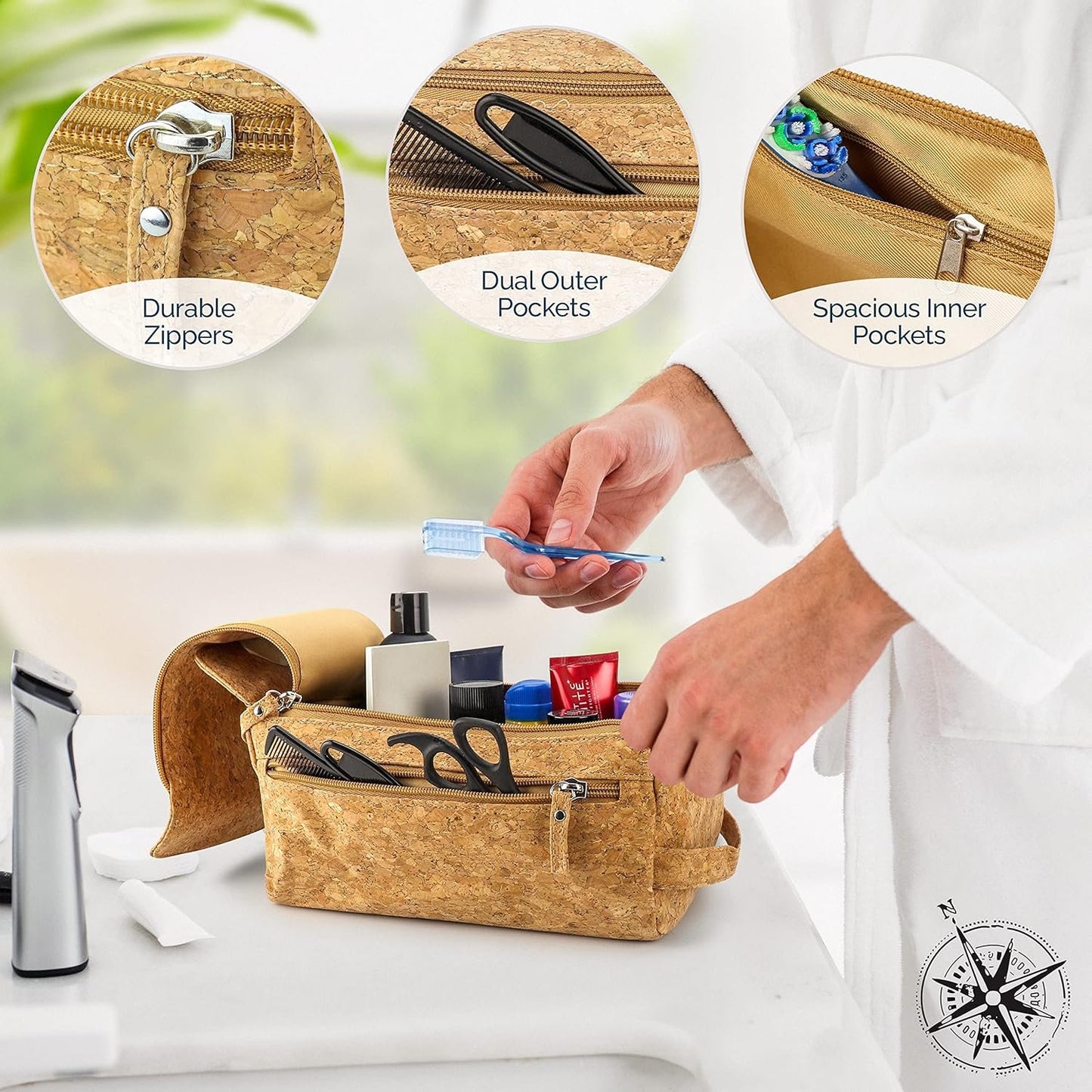 The Calling Man Denali Cork Leather Travel Toiletry Bag for Men– Waterproof Compact Dopp Kit with Hanging Design, Compartment and Dual Pockets, Hygiene Bag for Toiletries, Cork, Compact and Spacious