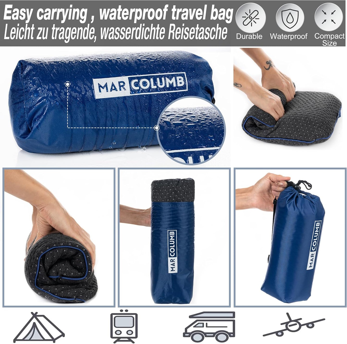 Marcolumb Travel Pillow - Ergonomic Camping Memory Foam Neck Support with Heat Regulating Cover - Waterproof Travel Bag Included (Black)