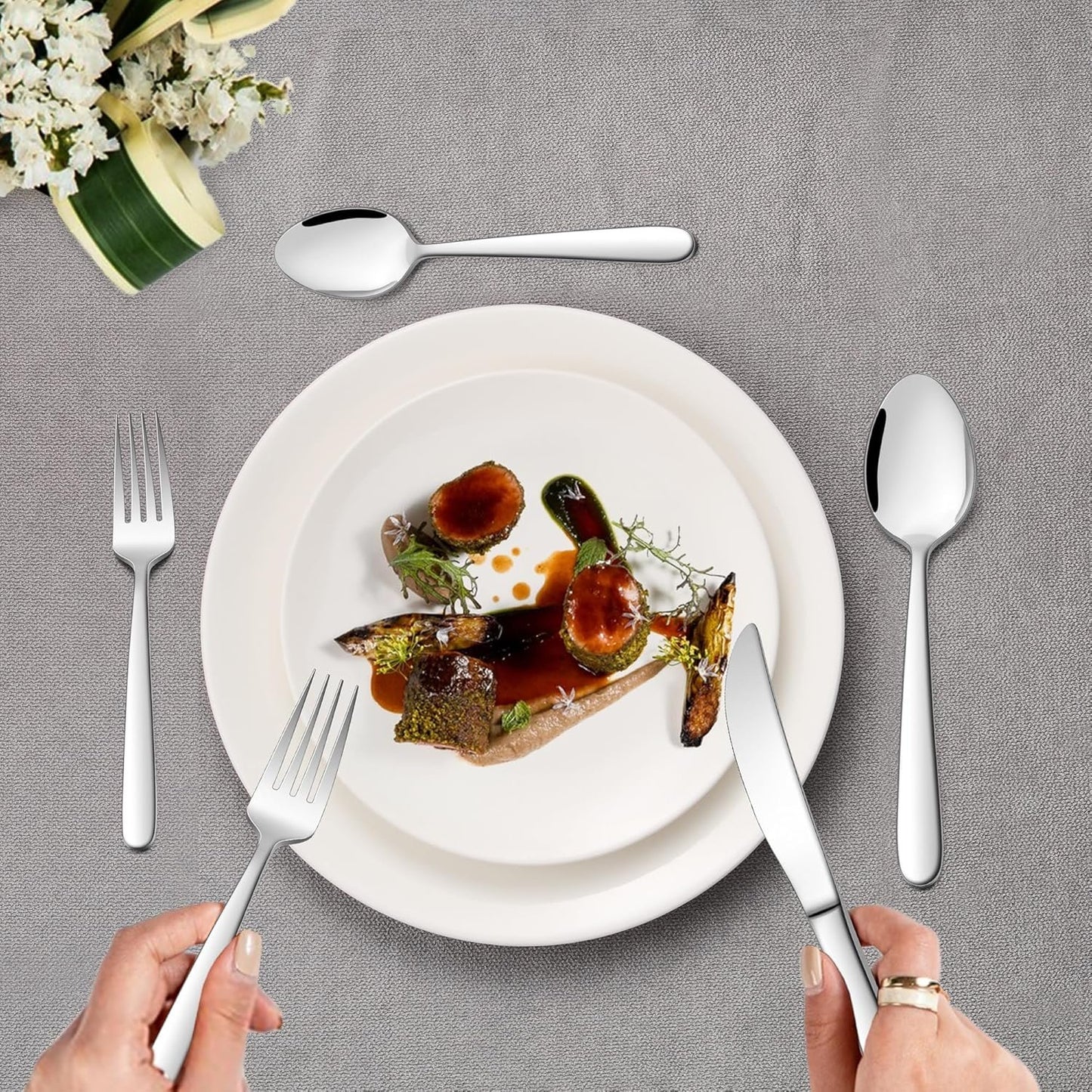 E-far Heavy Duty Silverware Set for 8, 40-Piece Stainless Steel Flatware Cutlery Set, Heavy Weight Metal Eating Utensils Sets for Home Restaurant Weddings, Mirror Polished & Dishwasher Safe