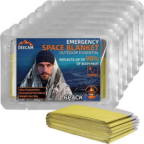 Deecam Emergency Space Blankets, Mylar Thermal Survival Blankets Foil Camping Emergency, Silver and Gold Heat Reflective Blanket for Outdoor, First Aid, Hiking, Camping Gear, Travel (6Pack)