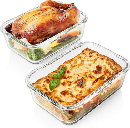 8 Cups/ 63 Oz 4 Piece (2 containers + 2 Lids) Large Glass Storage/Baking Containers with Locking Lids Ideal for Storing food, vegetables or fruits. BPA Free & Leak Proof - Microwave, Oven Safe