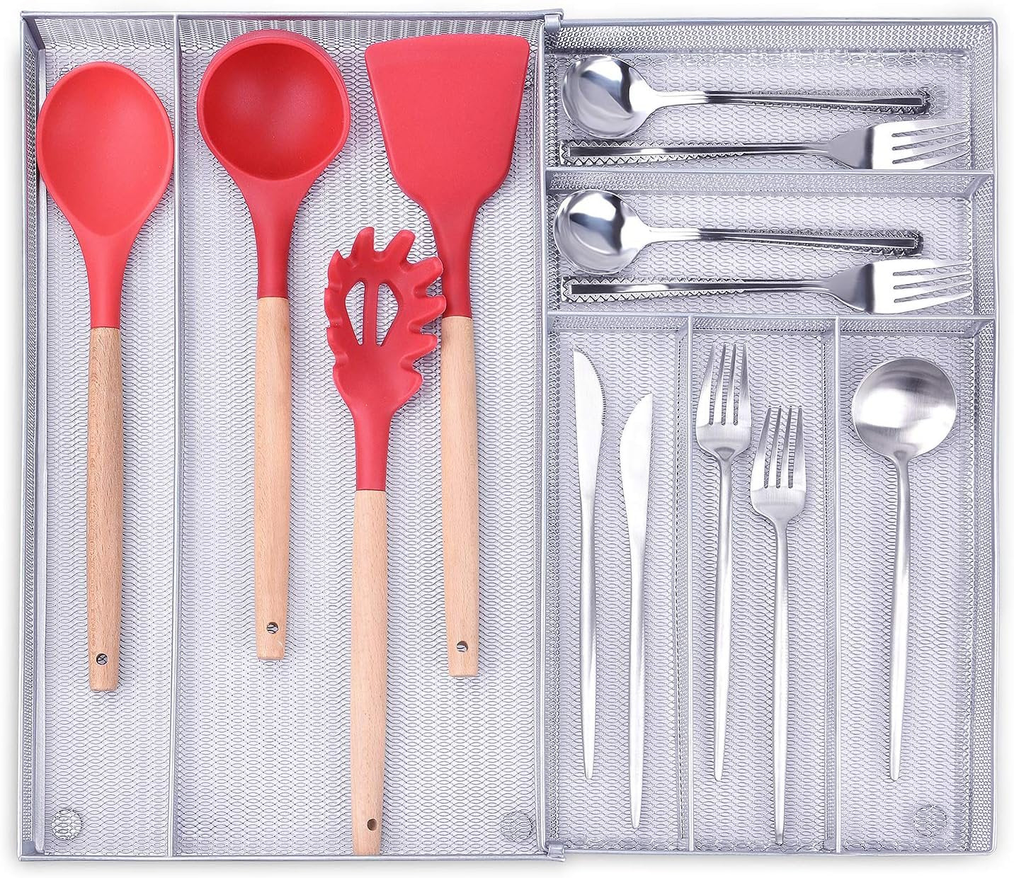 Mesh Kitchen Drawer Organizer Expandable, 7 Compartment Large Silverware Organizer/Cutlery Tray with Anti-Slip Mat, Adjustable Utensils Flatware Tray