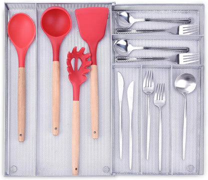 Mesh Kitchen Drawer Organizer Expandable, 7 Compartment Large Silverware Organizer/Cutlery Tray with Anti-Slip Mat, Adjustable Utensils Flatware Tray