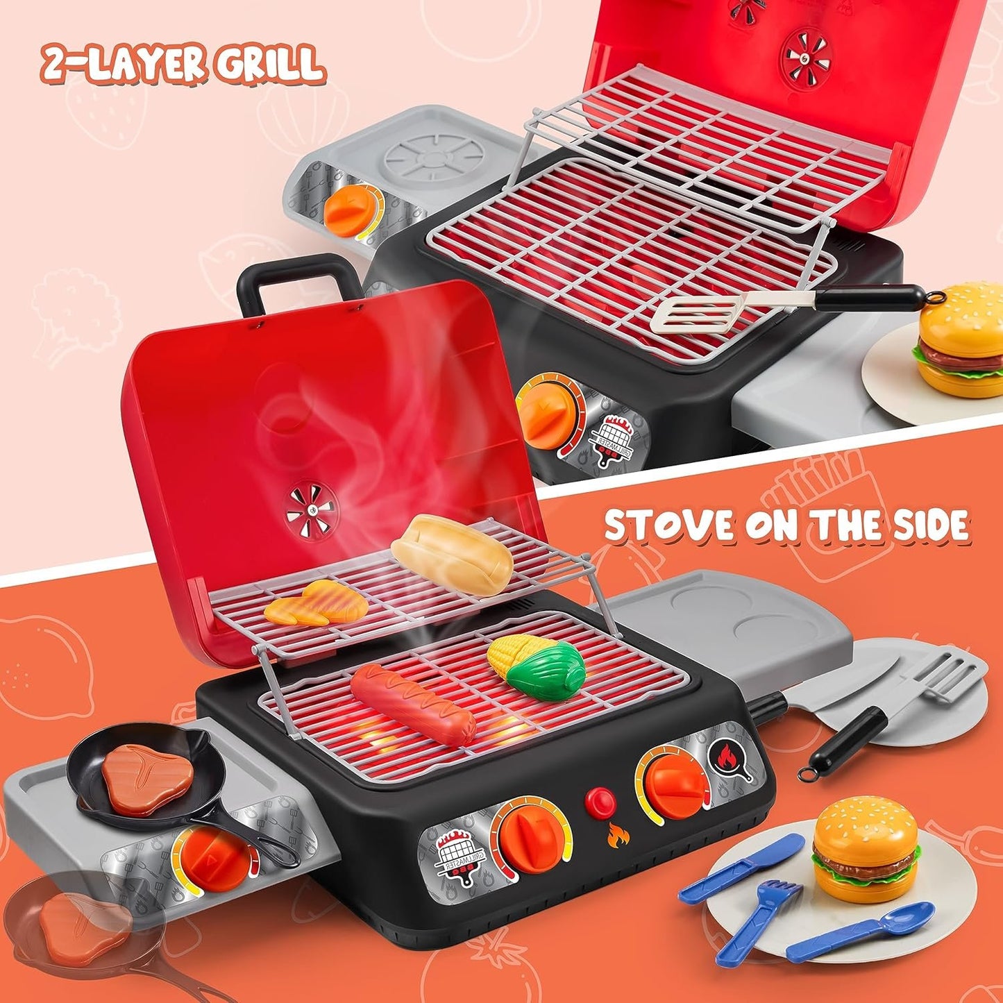 PLAY-ACT Extra Large 2-Layer BBQ Grill Playset with Pretend Smoke, Light, Sound & Color-Changing Food, Kitchen Toy Set,Pretend BBQ Grill Toy Set for Kids (25X13X12 Inch)